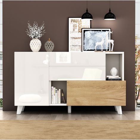 Sideboard Schrank Aufbewahrung 130 cm Weiß Eiche OKMYHOME (1/5)