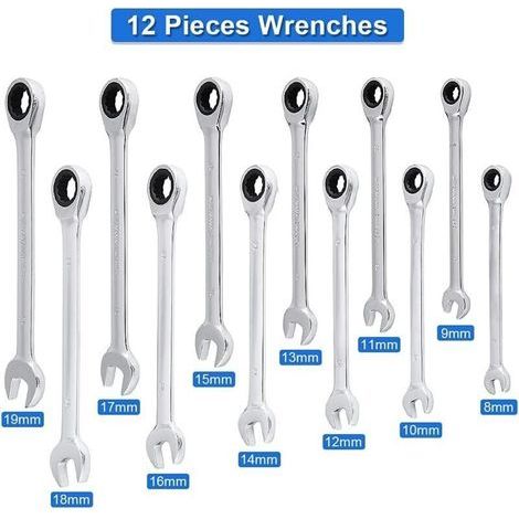 Clé Plate/Anglaise à Cliquet, Coffret de Clé à Douilles et Embouts Clé à Molette à Cliquet 8mm-19mm 12pcs pour Garage Bricolage(Clé Anglaise) (1/3)