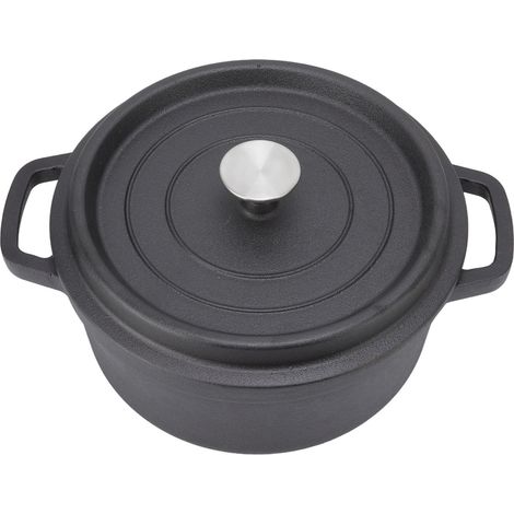 24 cm großer, unbeschichteter Gusseisentopf mit zwei Griffen, dickwandig, flacher Boden, zum Köcheln, robust und schwer (1/5)