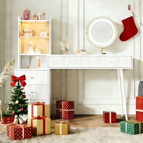 Coiffeuse avec miroir 100x40x125cm - Avec LED - 4 tiroirs et 1 porte vitrée - 1 compartiment de rangement ouvert - Blanc
