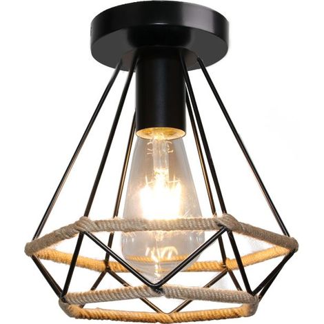 Rétro Vintage Plafonnier Industrielle Cage Diamant en Corde de Chanvre E27 20cm Noir - 1PCS (1/5)