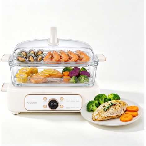 VEVOR Vaporera Electrica para Cocina con Cesta de Vidrio de 2 Niveles 6 L, Con Bandejas de Acero Inoxidable, 6 Niveles de Potencia, Ajustes Preprogramados y Función de Inicio Diferido, Para Verduras (1/5)