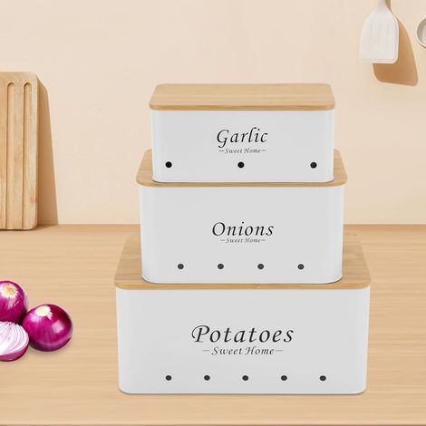 Ensemble de trois boîtes de stockage de pommes de terre, stockage de cuisine, stockage de pommes de terre, oignons et ail pour garder les légumes plus frais (blanc) (1/5)