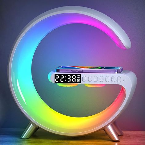 Lampe d’ambiance 3-en-1 ACKERMAN : réveil lumineux, haut-parleur Bluetooth, chargeur sans fil + lumière LED 16M couleurs contrôlable via app — idéale pour chambre, salon, bureau, cadeau Noël homme/fem (1/5)