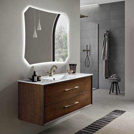 Mobile da bagno sospeso moderno base 100 CLASSIC con 2 cassetti e lavabo, NOCE CHIARO (1/5)