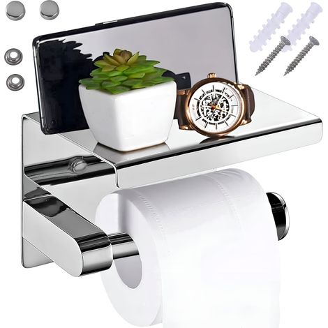 Soporte para papel higiénico con estante para inodoro, colgador de metal cromado plateado (1/2)