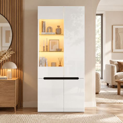 Vitrine haute 80x35x180 cm avec LED Bluetooth, 4 portes, verre trempé, 8 espaces de rangement, étagères réglables, MDF blanc brillant (1/5)