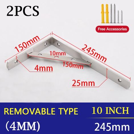 (Amovible 4 mm - 25 cm) 2 supports triangulaires en acier inoxydable pour étagère murale, support robuste, fixation murale, banc, table, étagère - quincaillerie (1/5)
