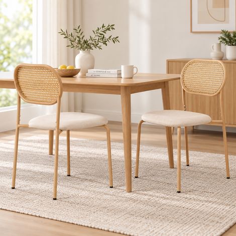 Deux chaises de salle à manger en rotin – chaises longues – ergonomiques – silencieuses et antidérapantes – dossiers tressés à la main – coussins d'assise en polyuréthane – design nordique