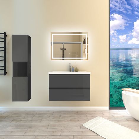 Ensemble de meubles de salle de bain Brillance Anthracite 80cm, Vasque Céramique + 131.5cm Colonne + Miroir Lumineux avec 3 Couleurs