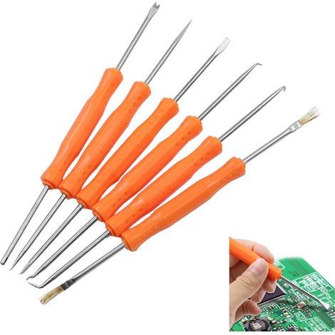 Kit de Soudure 6 Pièces, Outils de Soudure de Circuit imprimé Double Face Ensemble d'Outils de Soudage de PCB Comprend Brosse,Grattoir,Fourchette,Crochet,Poinçon pour Réparation de Soudure (1/5)