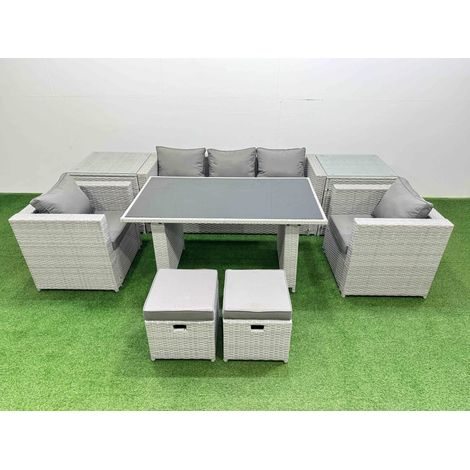 Fimous Patio Garden Furniture Sets with Black Glass Top Dining Table Armchair 3 Seater Sofa 2 Side Tables 2 Small Stool Light Grey (1/4)