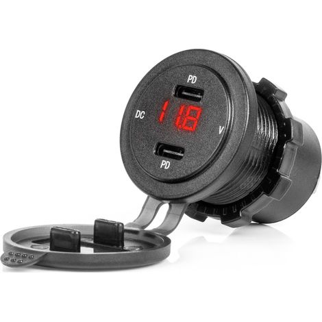 Caricabatterie da auto con prese USB e tester di tensione impermeabile 2x USB-C 12V 24V amio-04225 (1/5)