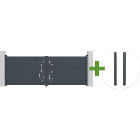Portail battant 4m LIFE H.140cm aluminium gris + 2 poteaux ELDA aluminium gris 15x15cm (1/5)