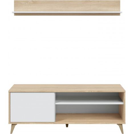 Abitare – Mur TV 135 cm blanc mat et chêne – Panneau mélaminé – Dimensions L 135 x P 40 x H 50 cm – Meuble moderne pour salon (1/5)