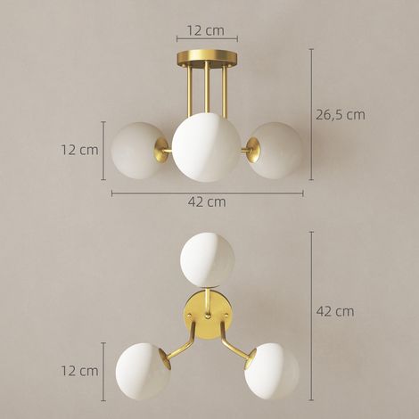 Plafonnier LED 25W, luminaire plafonnier 3 lumières avec douilles G9, abat-jour globe, 42 x 42 x 26,5 cm, doré (1/5)
