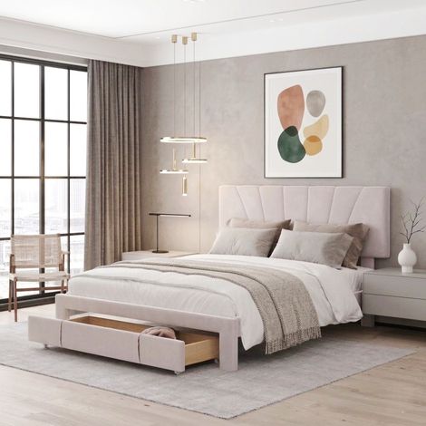 Doppelbett 140x200 cm Polsterbett aus Samt - Bettgestell mit Lattenrost, großer Schublade und komfortablem Kopfteil, modernes Design für Erwachsene und Jugendliche - Beige
