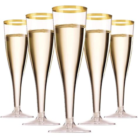 Eine Packung mit 50 goldgeränderten Champagnergläsern, je 150 ml, wiederverwendbar, mit Henkeln, geeignet für Gartenhochzeiten, Tagespartys, Babypartys (5 x 17 cm).