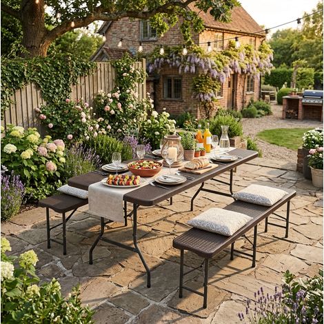 Mesa de jardín plegable 180 x 74 x 43 cm con 2 bancos, set de picnic 3 piezas, HDPE marrón HAVRYA (1/5)