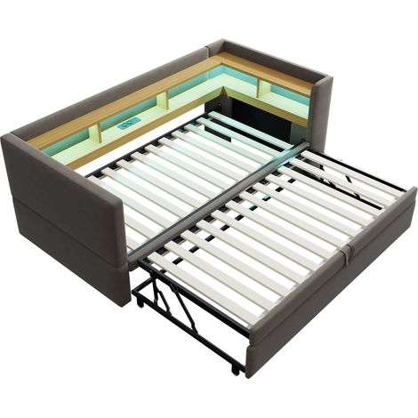 CAIziCanapé-lit gigogne rembourré 90/180x190, LED, prises, rangement, gris (1/5)