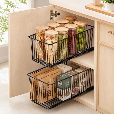 Lot de 2 Tiroir Coulissant Cuisine Adhesif Étroit 15,3cm, Tiroir Coulissant Placard de Cuisine, Organisateur Tiroir en Acier au Carbone pour Armoires de Cuisine Organiseur, Noir, Profondeur 41cm (1/5)