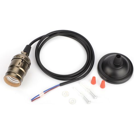 Douille de suspension vintage E27, fixation au plafond, avec fil électrique et base en bronze. (1/5)