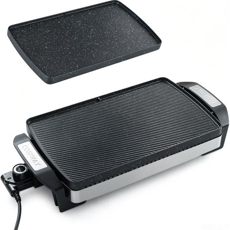 Gril électrique de table noir 1500 W avec plaque réversible antiadhésive et thermostat réglable pour balcon, cuisine et camping (1/2)
