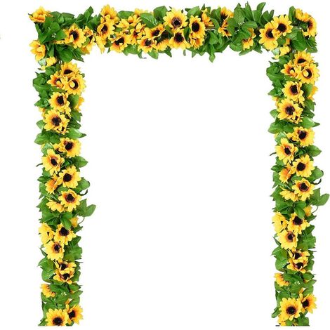Guirlande de 4 tournesols artificiels en soie avec feuilles vertes, idéale pour la décoration de table de mariage.-AquaForge (1/4)