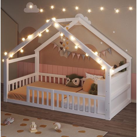 lit enfant 90x190 cm blanc – cabane sécurisée avec LED et rangement, sans matelas (1/5)