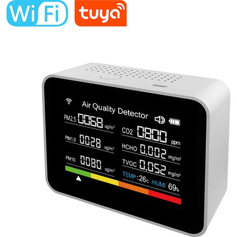 LIFCAUSAL Moniteur de qualité de l'air intelligent Tuya WIFI 13 en 1 Détecteur de CO2 d'intérieur CO2/TVOC/HCHO/PM2.5/PM1.0/PM10/Température/Humidité/Heure/Date/Alarme/Minuteur/Chronomètre (1/5)