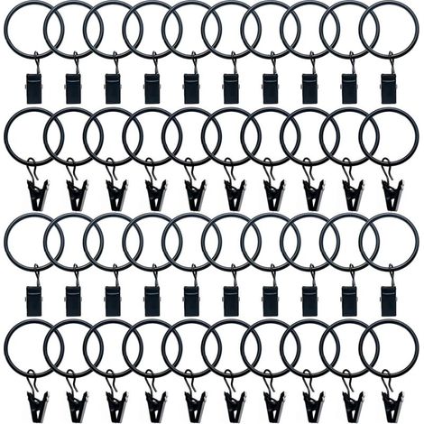 40 anelli per tende in metallo con clip, clip per tende, diametro interno 32 mm, neri