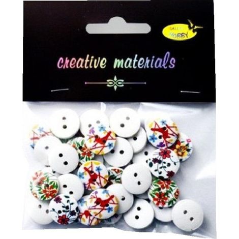 Botones de madera blancos con estampado floral, 15 mm, 15 g