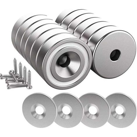 AMXCNOY 12 Stück Neodym-Magnete, 10 kg Stärke, 20 x 7 mm, mit Loch und Kapsel, Senkkopf-Topfmagnet mit Schraube und 12 Stahlpads (Hellsilber) (1/4)