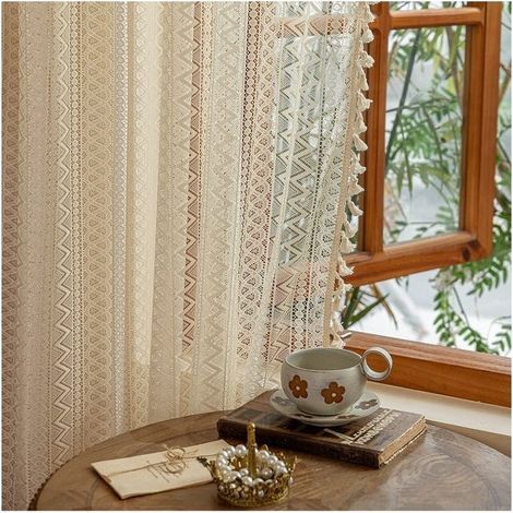 140x240 cm Rideaux en Dentelle Bohème Crème, 2 Panneaux, Filtrent la Lumière pour Salon et Chambre (1/5)