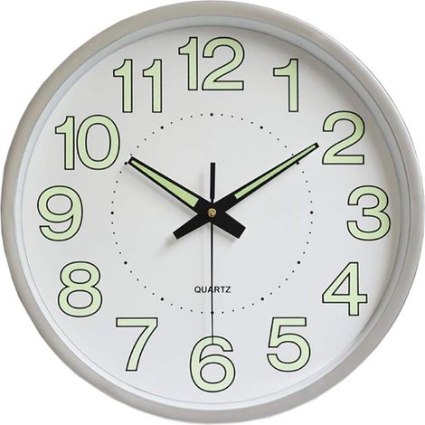Horloge murale 30 cm, mouvement numérique à quartz silencieux, horloge lumineuse pour salon, cuisine, chambre d'enfant, bureau, salle de bain (Blanc, 30 cm), Argent (1/5)