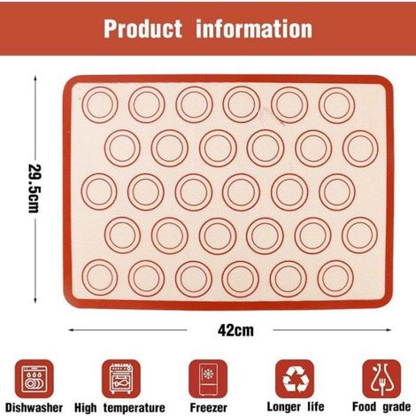 Lot de 2 tapis de cuisson en silicone pour macarons - 42 x 29,5 cm - Antiadhésif - Antidérapant - Lavable - Réutilisable - Rouge (1/4)