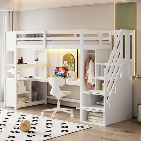Cama alta con escritorio y armario LED blanca juvenil HAVRYA (1/5)