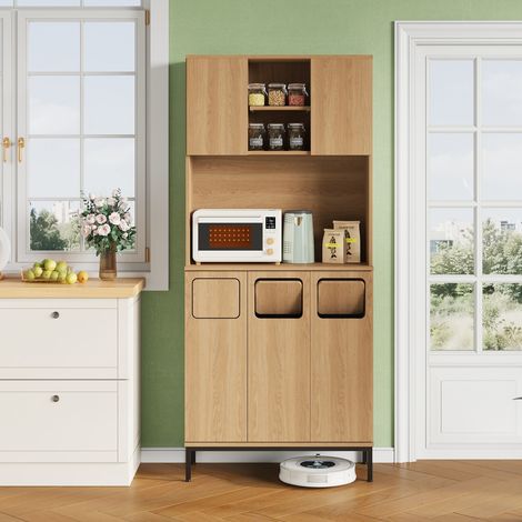 Meuble cuisine haut 80 x 35 x 181 cm aspect chêne, bac tri déchets, emplacement micro-ondes et rangement pour aspirateur (1/5)