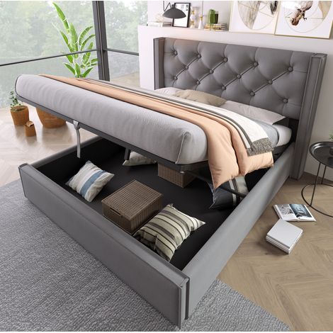 Letto contenitore adulto 160x200 cm con testiera, rete a doghe e sistema idraulico, in cotone grigio, materasso non incluso (1/5)