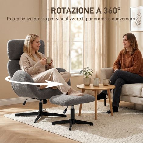 Fauteuil gris pivotant avec repose-pieds, dossier inclinable et appuie-tête ajustable, hauteur réglable, fonction berçante intégrée.