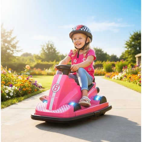 Autoscooter enfant 74x53x48 cm en métal rose, rotation 360°, LED et musique FLORAGRACE (1/5)