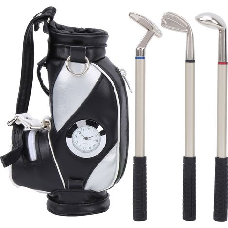 Lot porte-crayon mini golf en alliage zinc et cuir PU, stylos souvenir set noir argent, horloge bureau cadeau (1/5)