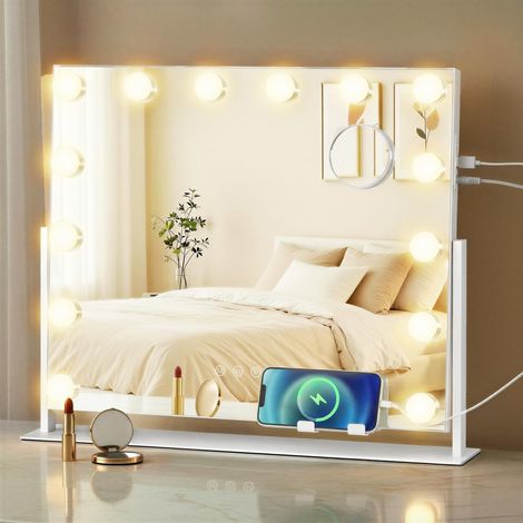 Miroir de Maquillage avec Lumières, 14 Ampoules LED, Ports de Charge, Miroir Grossissant Détachable 10x, 3 Températures de Couleur, Support de Téléphone, 50 x 42 cm, Blanc Mat (1/5)