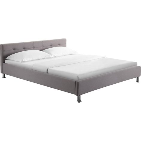Idimex – Lit double Nizza 160x200 cm – Tissu capitonné gris – Sommier à lattes inclus – 4 pieds en métal chromé – Design contemporain (1/4)
