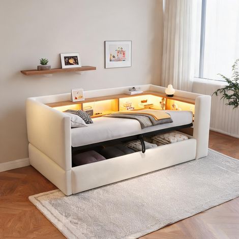 Cadre de lit beige en flannelette 211 x 108,5 x 98,5 cm (1/5)