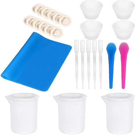 Ensemble de mélange avec compte-gouttes et agitateur, gobelet doseur en silicone, repose-doigts, tapis en silicone, tasse à mesurer en silicone et barre d'agitation (blanc/bleu) (1/5)
