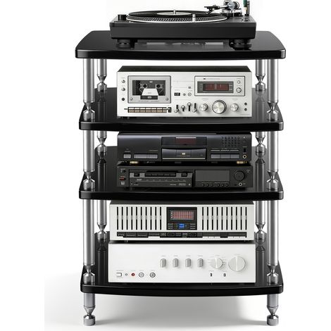 Meuble Vinyle 4 Niveaux Étagère Réglable Charge 40kg Plateaux laque piano 25mm Bords Arrondis pour la Sécurité Structure Anti-vibration Meuble Chaine HiFi Support Vidéo Mobile for Salon Bureau Home Ci (1/5)
