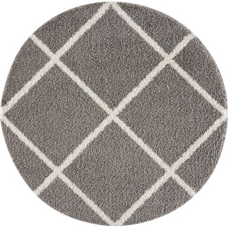 Tapis longs poils shaggy Ø150cm gris tissé rond motif scandinave SG MADRAG