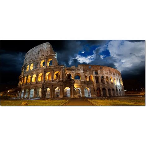 Lupia - Quadro moderno su Tela Canvas DEEP 65X143 cm, con paesaggi e localismi italiani, per casa, soggiorno, capezzale camera da letto, hotel, ufficio, ROMA - COLISEUM BY NIGHT (1/4)