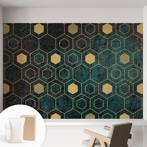 Papier peint intissé décoratif avec colle pour salon chambre et bureau Installation rapide Hexagones géométriques 152x104 cm (1/5)